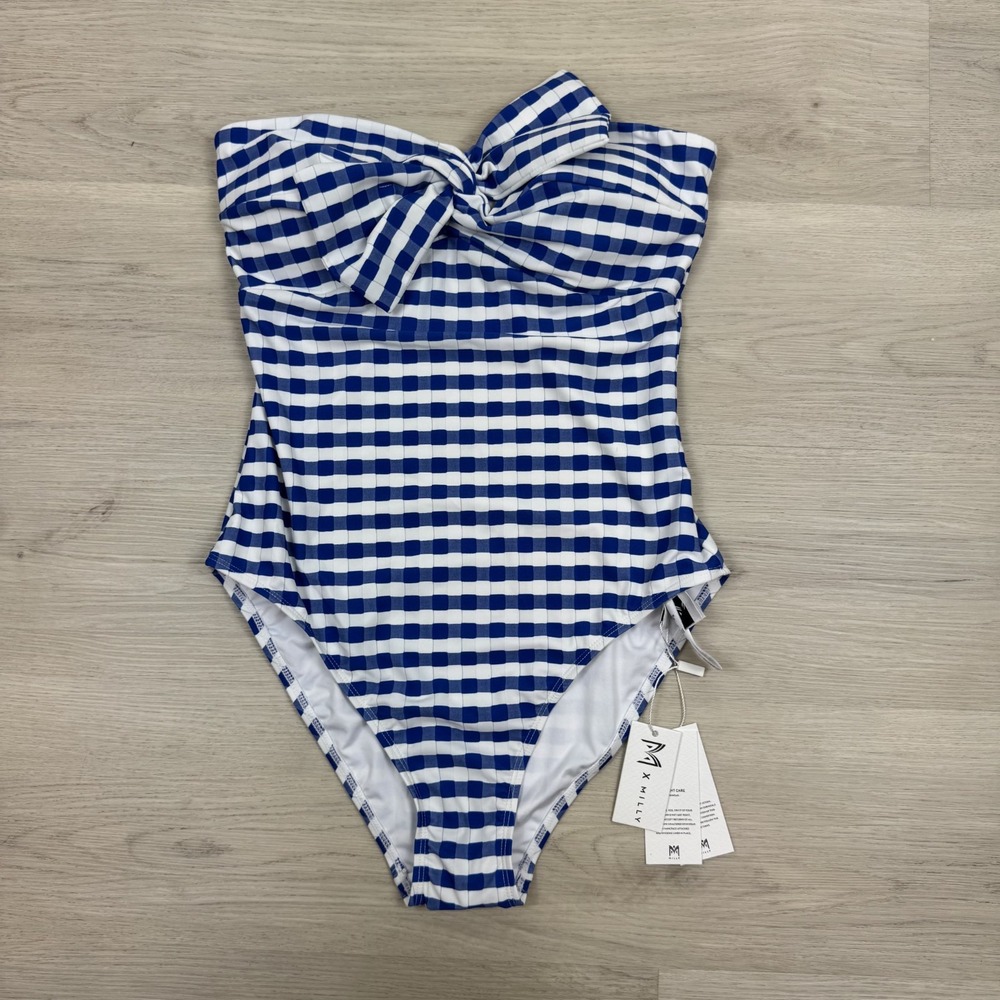 Milly Jacquard Cottage Bow One Piece Swimsuit Size Medium Blue White Gingham